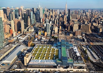 A green roof with trees, bushes, shrubs, and sustainable amenity hardscape on a commercial building.