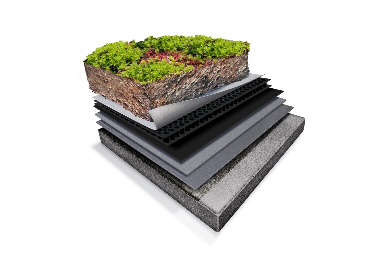 Component layers of a vegetated roofing system using Siplast materials.